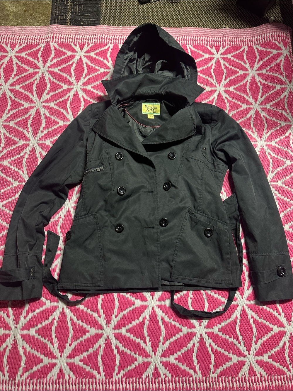 Maralyn & Me Women's Black Hooded Trench Pea Coat Jacket Size M Belted Utility
